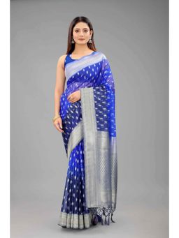 Silk Land - Organza Silk Woven Zari Design Navy Blue Saree with Unstitched