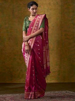 WeaverStory - Berry Pink Handloom Pure Katan Silk Banarasi Saree Kadhwa Booti With Unstitched Blouse