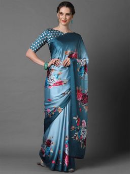 Odette - Blue Casual Crepe Printed Saree with Unstitched Blouse