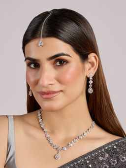 Azai by Nykaa Fashion - Silver Drop Shape AD Studded Festive Necklace with Earrings & Maangtikka (Set of 3)