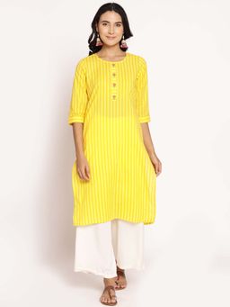 Shree - Women Cotton Lemon Yellow Stripe Printed Kurta