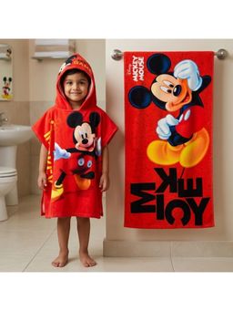 Athom Living - Disney Red Mickey Mouse Theme Kids Bath Towel & Poncho Hooded (Pack of 2)