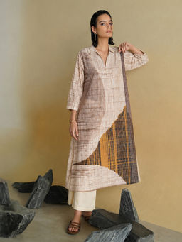 Pink Fort - Beige Cotton Striped Shirt Collar Kurta with Pant