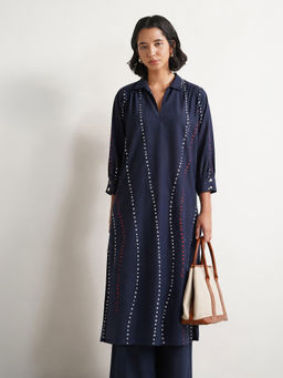 Pink Fort - Navy Blue Cotton Bandhani-Inspired A-Line Kurta with Pant