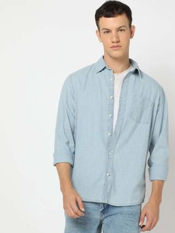 GAP - Men Solid Blue Cotton Shirt