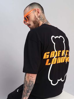 Griffel - Men Oversized Black Graphic Front Print and Back Bear Outline Design T-Shirt