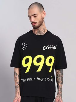 Griffel - Men Oversized Black Graphic Neon 999 Print and Bear Hug Energy Design T-Shirt