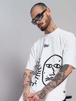 Griffel - Men Oversized White Graphic Abstract Face and Eye Print Streetwear T-Shirt