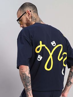 Griffel - Men Oversized Navy Blue Graphic Yellow Abstract Line and Bear Icons T-Shirt