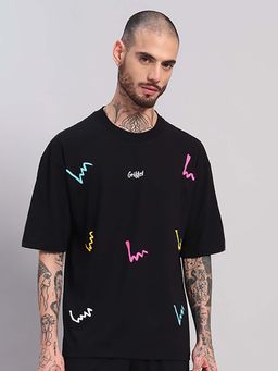 Griffel - Men Oversized Black Graphic Abstract Line Print Streetwear T-Shirt