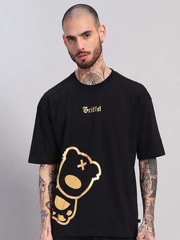 Griffel - Men Oversized Black Graphic Golden Bear Print and Logo T-Shirt