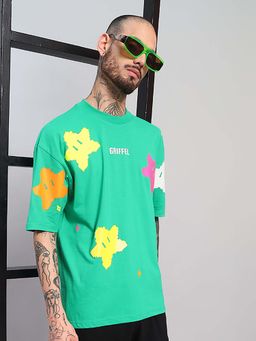 Griffel - Men Oversized Abstract Star Print Green T-Shirt