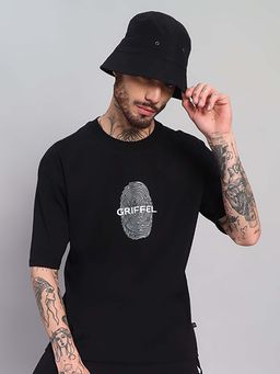 Griffel - Men Graphic Fingerprint Logo Oversized Black T-Shirt