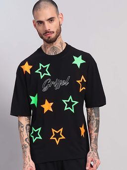 Griffel - Black Oversized Neon Star Prints T-Shirt