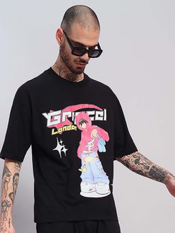 Griffel - London Anime Graphic Black Oversized T-Shirt