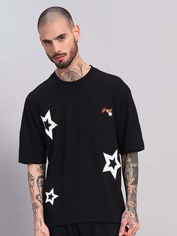 Griffel - Black Oversized White Star Accents T-Shirt