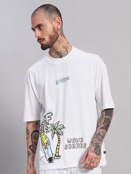 Griffel - Men White Graphic Printed Oversized T-Shirt