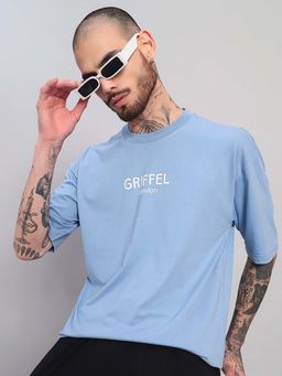 Griffel - Men Blue Oversized Minimal Typography T-Shirt