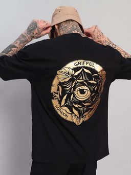Griffel - Black Oversized Gold Eye-Rose Graphic T-Shirt