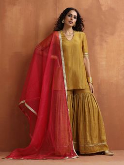 trueBrowns - Pant Gold Tissue Sharara Dupatta Set (Set of 3)