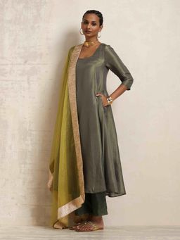 trueBrowns - Green Tissue Anarkali Kurta Dupatta Set