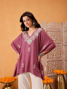 QAZMI - Womens Viscose Rayon Embroidered Mauve Kaftan