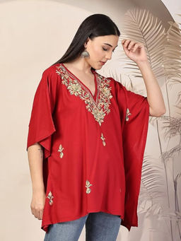 QAZMI - Womens Viscose Rayon Embroidered Red Kaftan