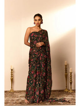 NAVA AURA - Womens Organza Floral Green Pre-Draped Saree with Stitched Blouse