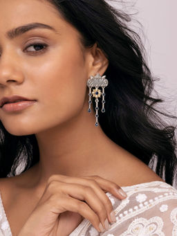 Indya - Earthen BY INDYA Dual Tone Blue Multi Tassel Dangler Earrings