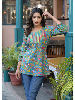 Jaipuri Adaah - Gulab Green Printed Cotton Short Kurta