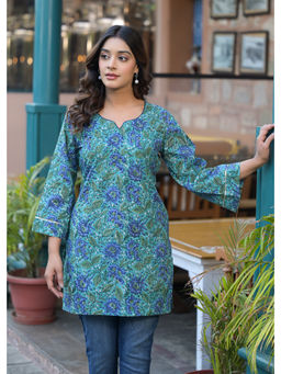 Jaipuri Adaah - Gulista Green Hand Block Printed Short Kurta