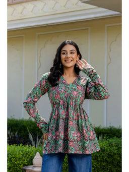Jaipuri Adaah - Rosso Green Hand Block Printed Short Kurta