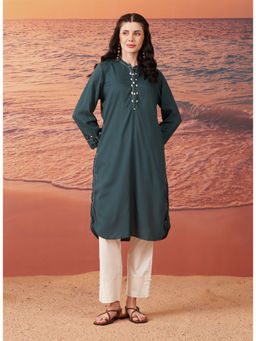 Lakshita - Green Monochrome Lyocell Kurta for Women