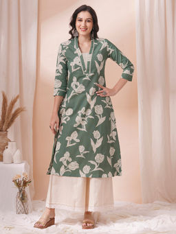 Kami Kubi - A Flex Printed A-Line Kurta With Stitch Line And Lace Detailing