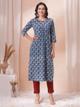 Kami Kubi - Straight Fit Dhabu Print Kurta With Embroidery And Pleating