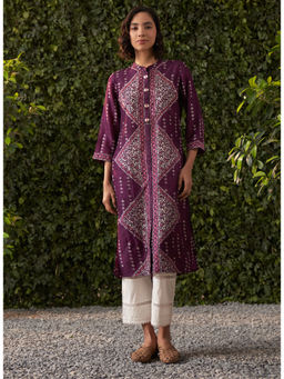 Lakshita - Deep Purple Printed Silk Straight Kurta for Women