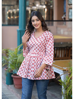 Jaipuri Adaah - Berry Red Hand Block Printed Cotton Angarkha Short Kurta