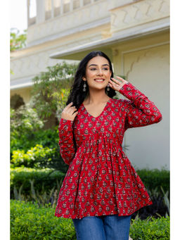 Jaipuri Adaah - Rosso Red Hand Block Printed Short Kurta