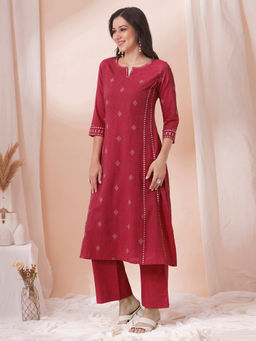 Kami Kubi - A-Line Dobby Kurta With Block Print And Sleeve Cuff Along With Handwork