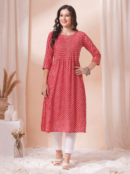 Kami Kubi - Red Pleated Cotton Print Kurta In An A-Line Fit With Hand Embroidery & Pocket