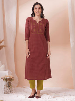 Kami Kubi - Embroidered A Line Cotton Dobby Kurta With Pocket