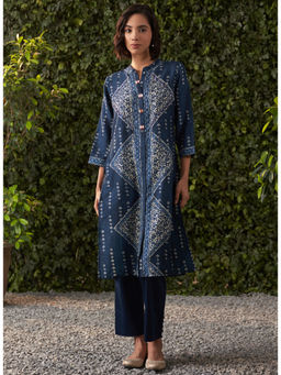 Lakshita - Teal Blue Printed Silk Straight Kurta for Women