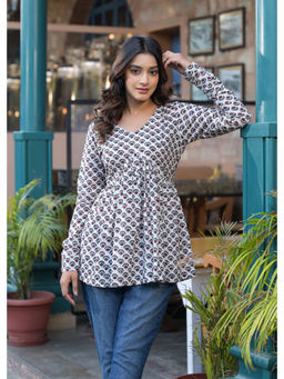 Jaipuri Adaah - Rosso White Hand Block Printed Short Kurta