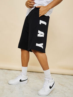Styli - Mens Black Cotton Oversized Terry Shorts with Bold Text Print Detail