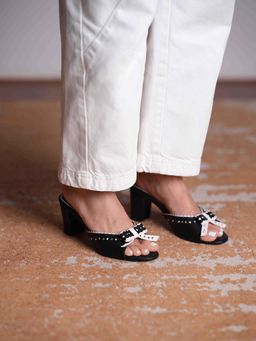 ERIDANI - Polka Knot Black Block Heels Sandals