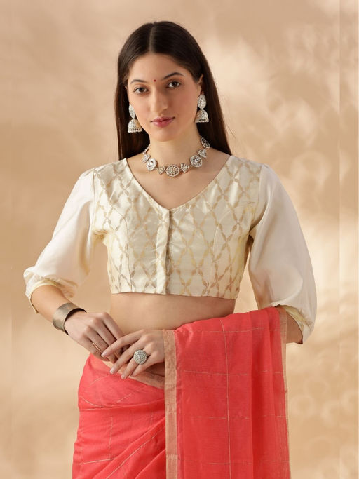 Abhishti Puff Sleeve Zari Banarasi Cream Stitched Blouse