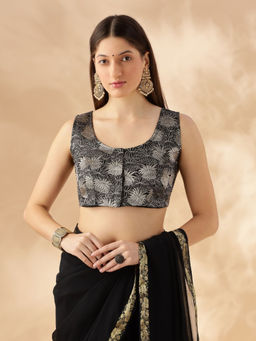 Abhishti - Sleeveless Black Scoop Neck Zari Banarasi Stitched Blouse