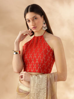 Abhishti - Halter Neck Red Crisscross Back Tie Up Stitched Blouse