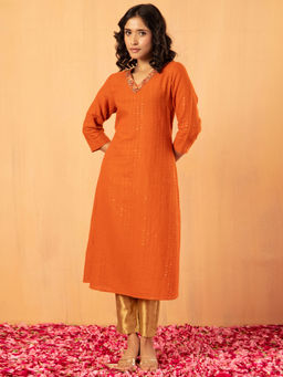 Indya - Orange Sequin And Thread Embroidered Cotton A-Line Kurta