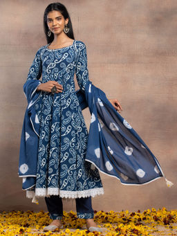 Indya - Indigo Blue Paisley Print Anarkali Kurta with Pant and Dupatta (Set of 3)